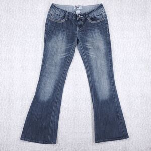 SO Flared Jeans Women's 7 Dark Wash Faded Whiskers Stretch Embroidered Pockets